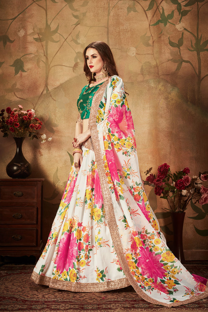 White Floral Embroidered Sequinned Semi-Stitched Lehenga & Unstitched Blouse With Dupatta