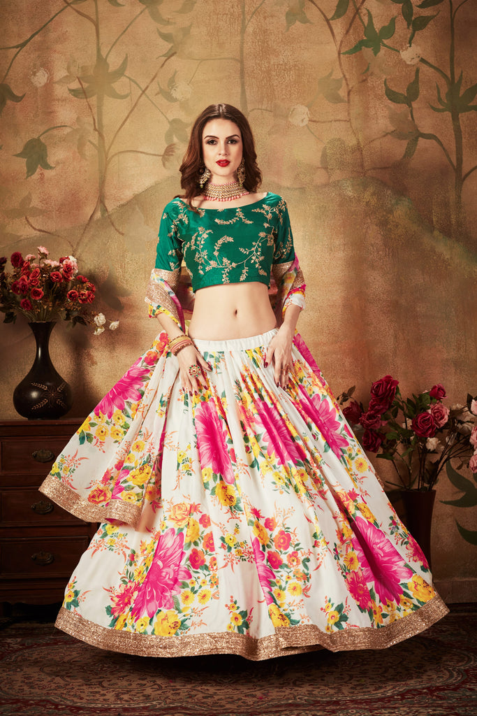 White Floral Embroidered Sequinned Semi-Stitched Lehenga & Unstitched Blouse With Dupatta