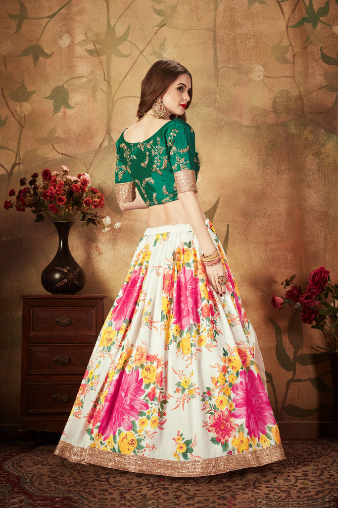 White Floral Embroidered Sequinned Semi-Stitched Lehenga & Unstitched Blouse With Dupatta
