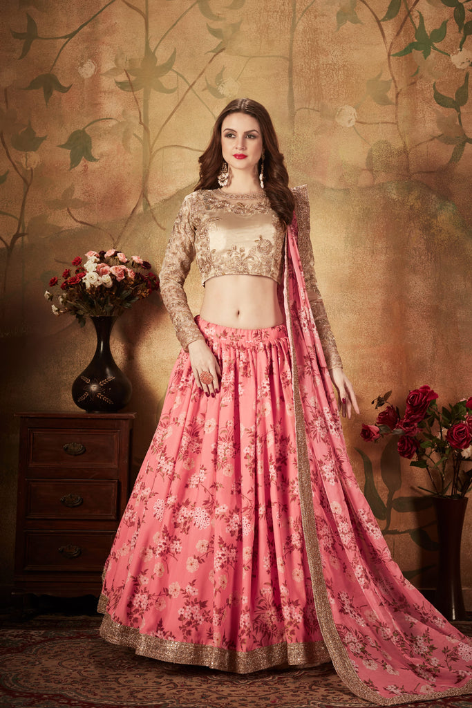 Pink Floral Embroidered Sequinned Lehenga & Unstitched Blouse With Dupatta