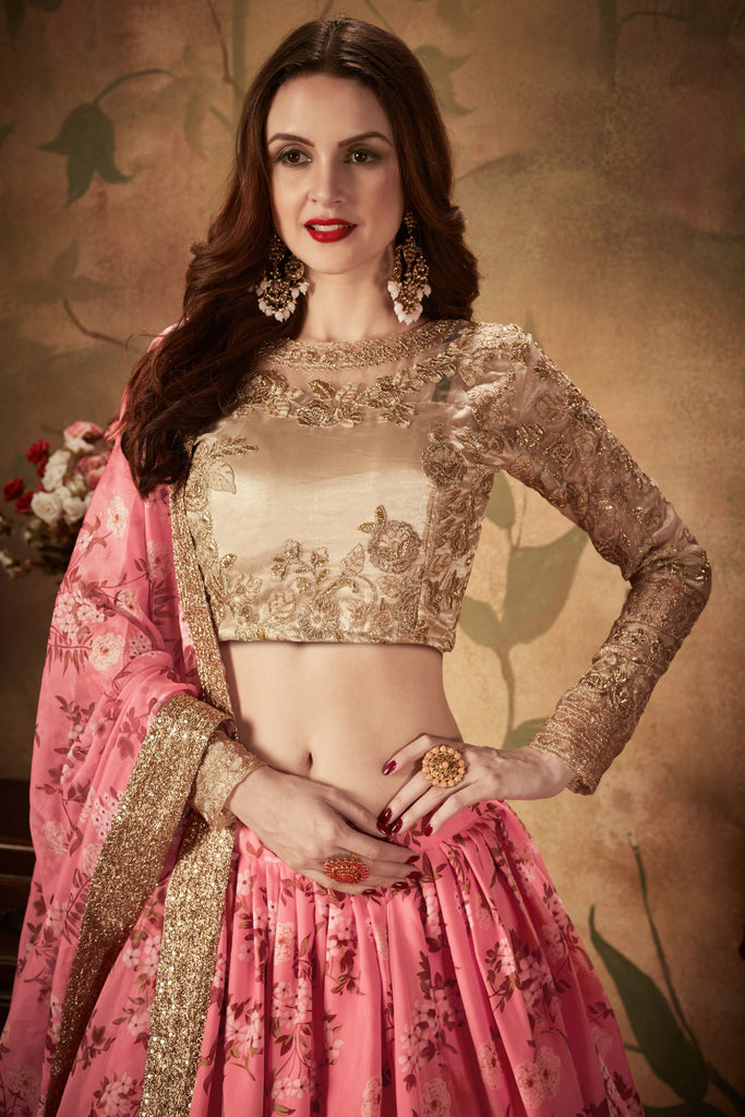 Pink Floral Embroidered Sequinned Lehenga & Unstitched Blouse With Dupatta