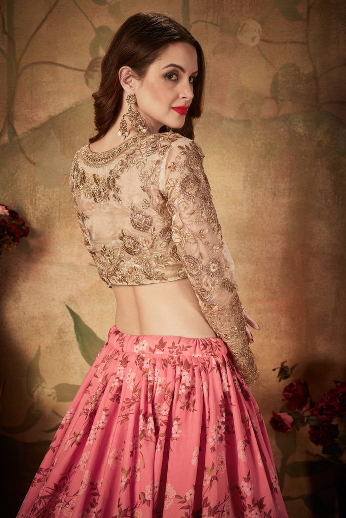 Pink Floral Embroidered Sequinned Lehenga & Unstitched Blouse With Dupatta
