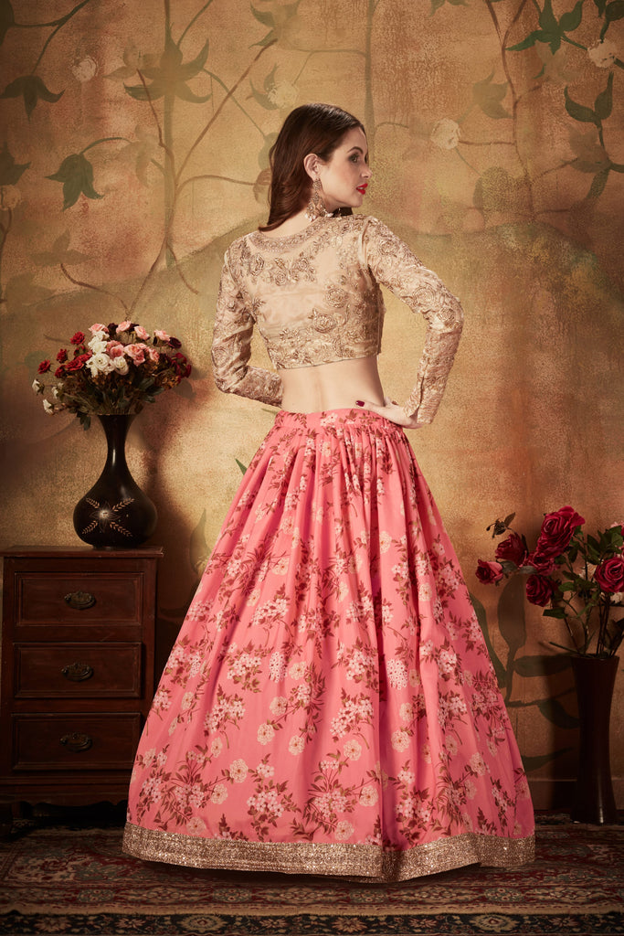 Pink Floral Embroidered Sequinned Lehenga & Unstitched Blouse With Dupatta