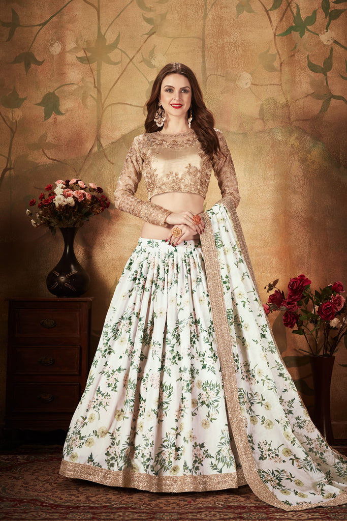 White With Green Floral Embroidered Sequinned Lehenga & Unstitched Blouse With Dupatta