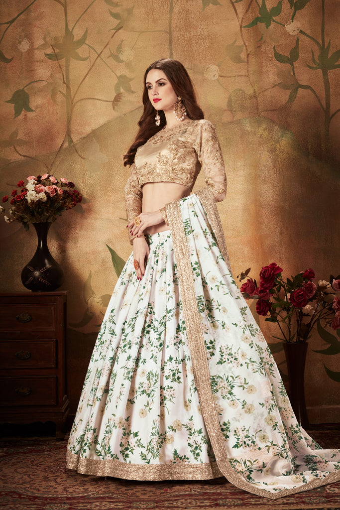 White With Green Floral Embroidered Sequinned Lehenga & Unstitched Blouse With Dupatta
