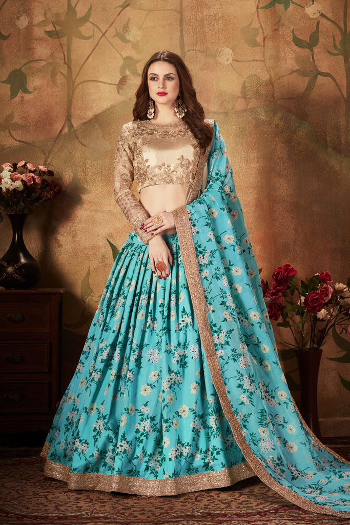 Sky Blue With Green Floral Embroidered Sequinned Lehenga & Unstitched Blouse With Dupatta