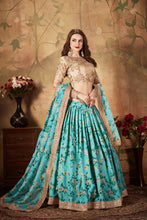 Load image into Gallery viewer, Sky Blue With Green Floral Embroidered Sequinned Lehenga &amp; Unstitched Blouse With Dupatta