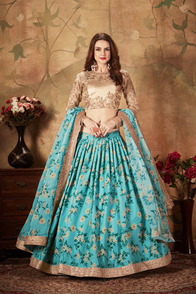 Sky Blue With Green Floral Embroidered Sequinned Lehenga & Unstitched Blouse With Dupatta