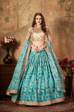 Load image into Gallery viewer, Sky Blue With Green Floral Embroidered Sequinned Lehenga &amp; Unstitched Blouse With Dupatta