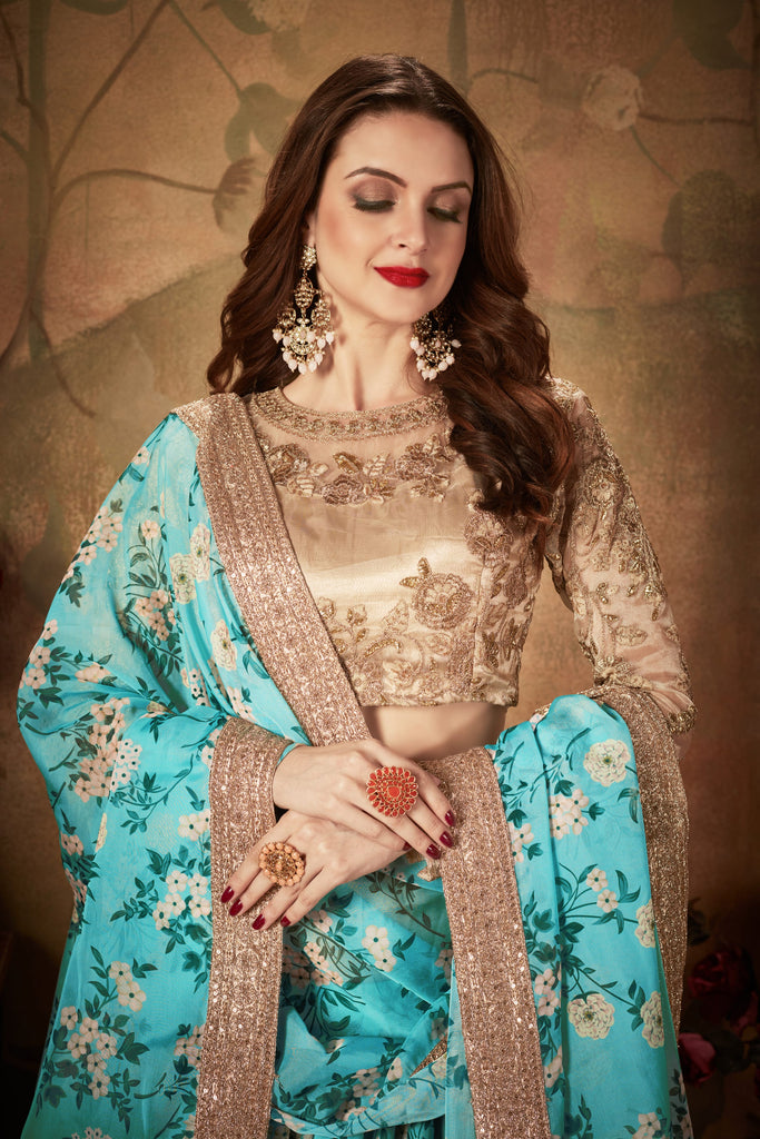 Sky Blue With Green Floral Embroidered Sequinned Lehenga & Unstitched Blouse With Dupatta