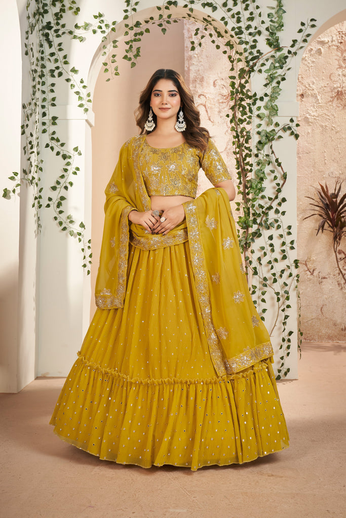 Mustard Yellow Designer Sequins Lehenga Choli In Georgette - Diva D London LTD