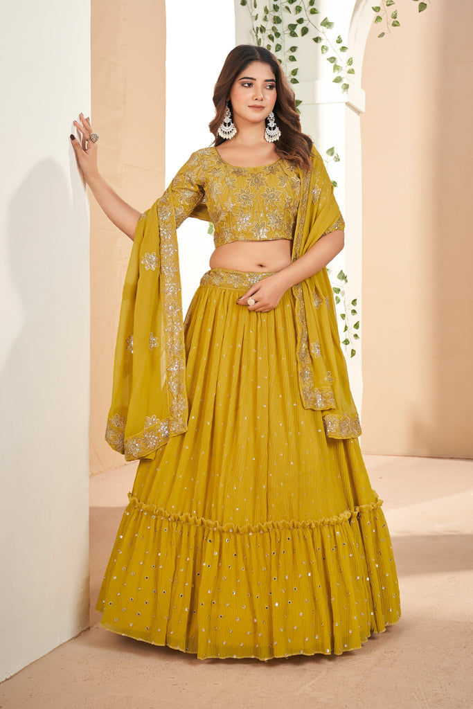 Mustard Yellow Designer Sequins Lehenga Choli In Georgette - Diva D London LTD