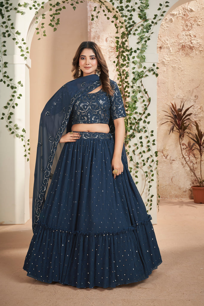 Navy Blue Designer Sequins Lehenga Choli In Georgette - Diva D London LTD