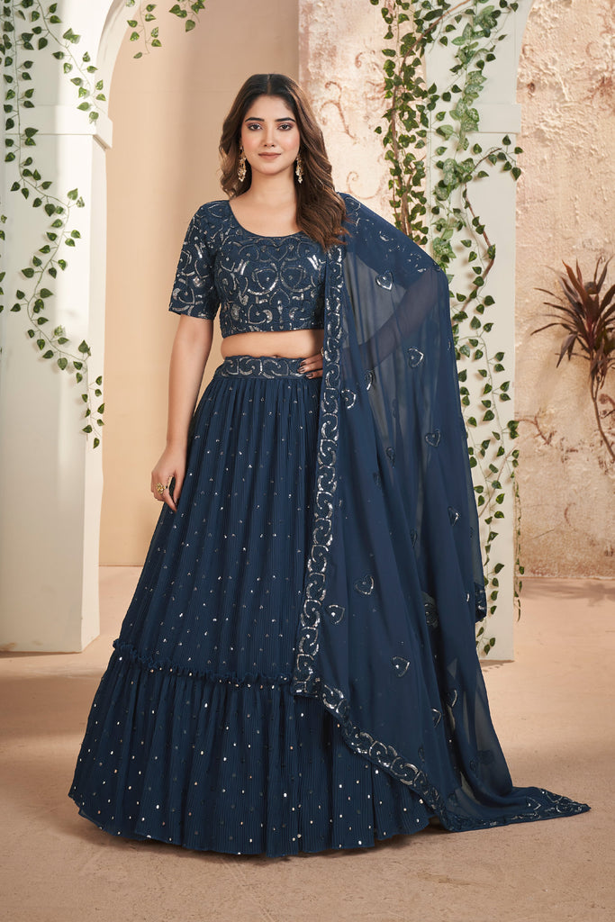 Navy Blue Designer Sequins Lehenga Choli In Georgette - Diva D London LTD