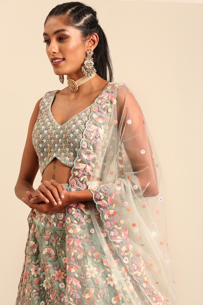 Sea Green net multi sequins with heavy zarkan embroidery semi-stitched lehenga choli & dupatta