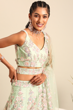 Load image into Gallery viewer, Lime Green net sequins with heavy zarkan embroidery lehenga choli &amp; Dupatta