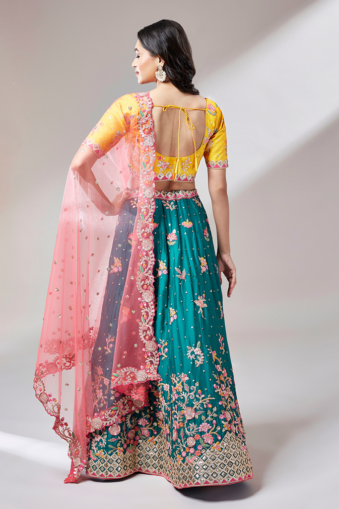 Teal Pure Georgette Lehenga With Sequins and Thread Work Embroider