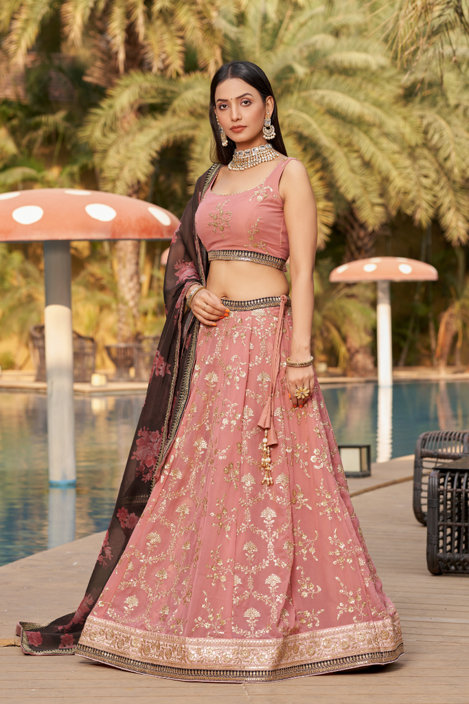 Pink Georgette Lehenga Choli With Embroidery Sequence Work