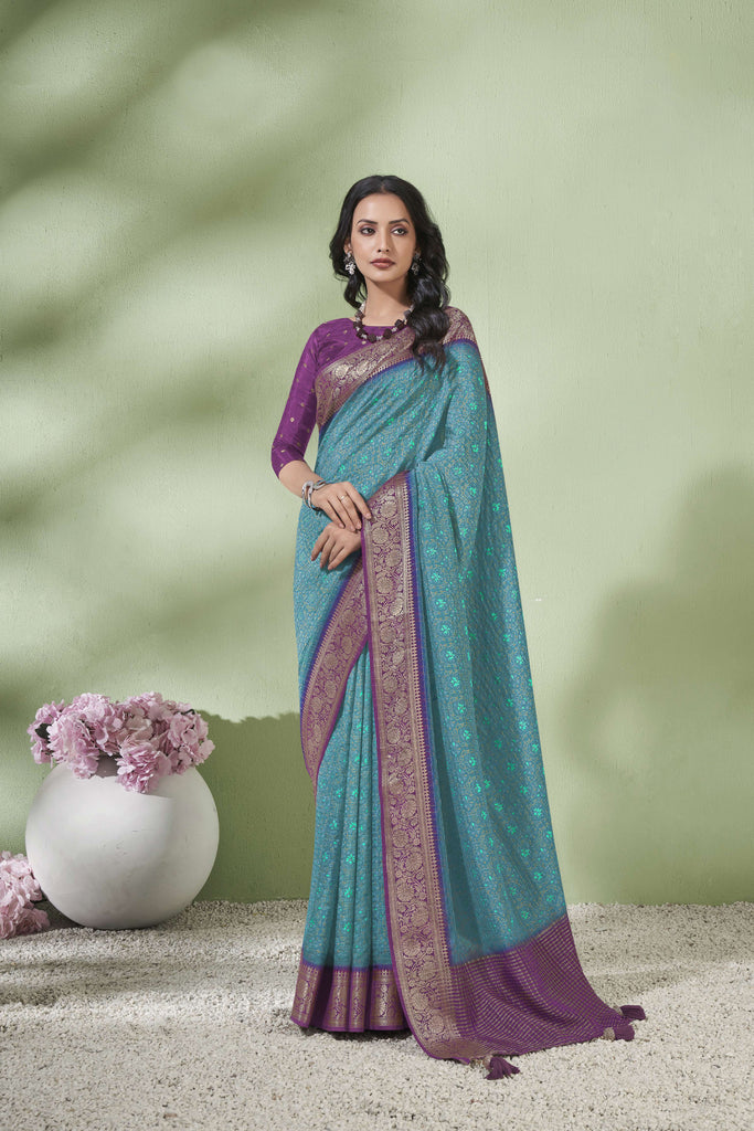 Firozi With Purple Zari Border Katha Line Silk Pure Viscose Saree