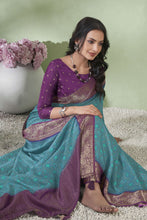Load image into Gallery viewer, Firozi With Purple Zari Border Katha Line Silk Pure Viscose Saree