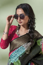 Load image into Gallery viewer, Black Floral Zari Border Katha Line Silk Pure Viscose Saree
