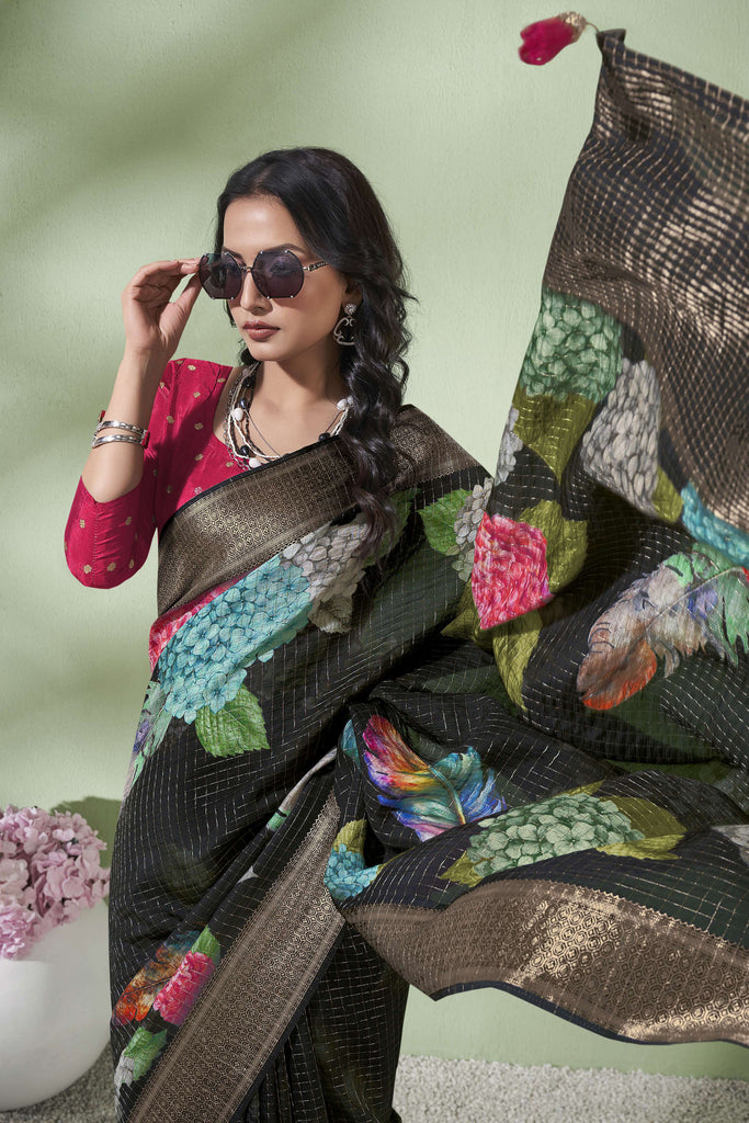 Black Floral Zari Border Katha Line Silk Pure Viscose Saree