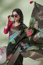 Load image into Gallery viewer, Black Floral Zari Border Katha Line Silk Pure Viscose Saree