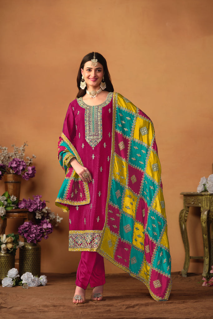 Dark Pink With Multicolour Duppata Salwar Kameez Suits