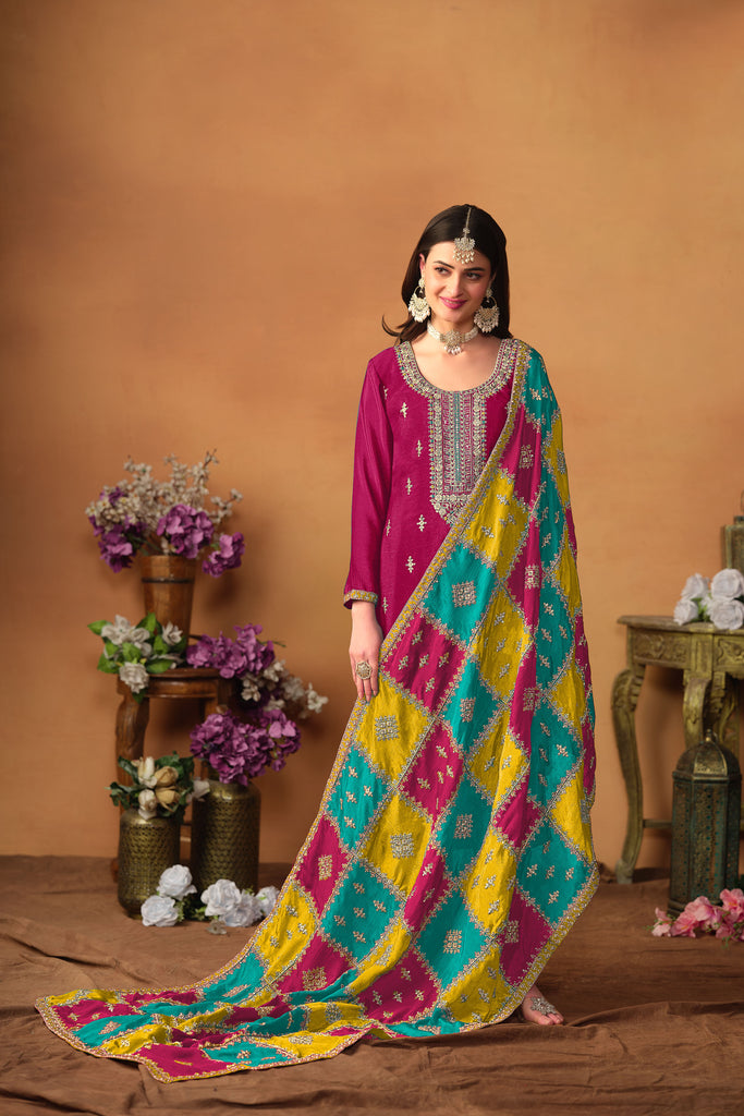 Dark Pink With Multicolour Duppata Salwar Kameez Suits