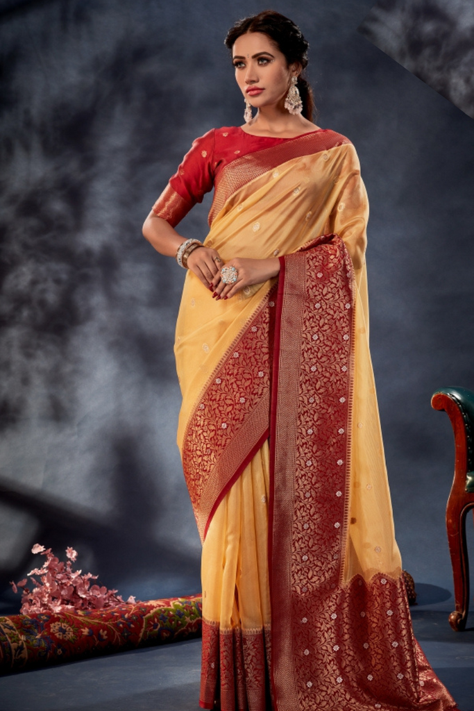 Mustard Broad Border Kora Silk Zari Woven Saree