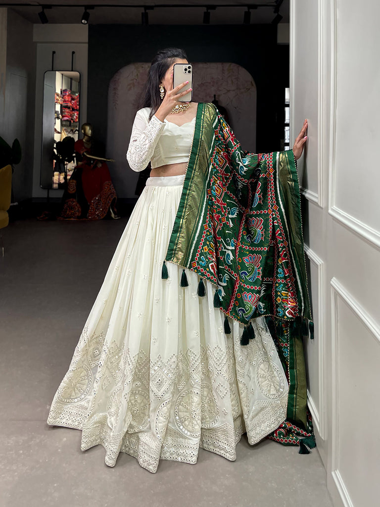 White with Green Duppatta Lucknowi Georgette Lehenga with foil mirror work