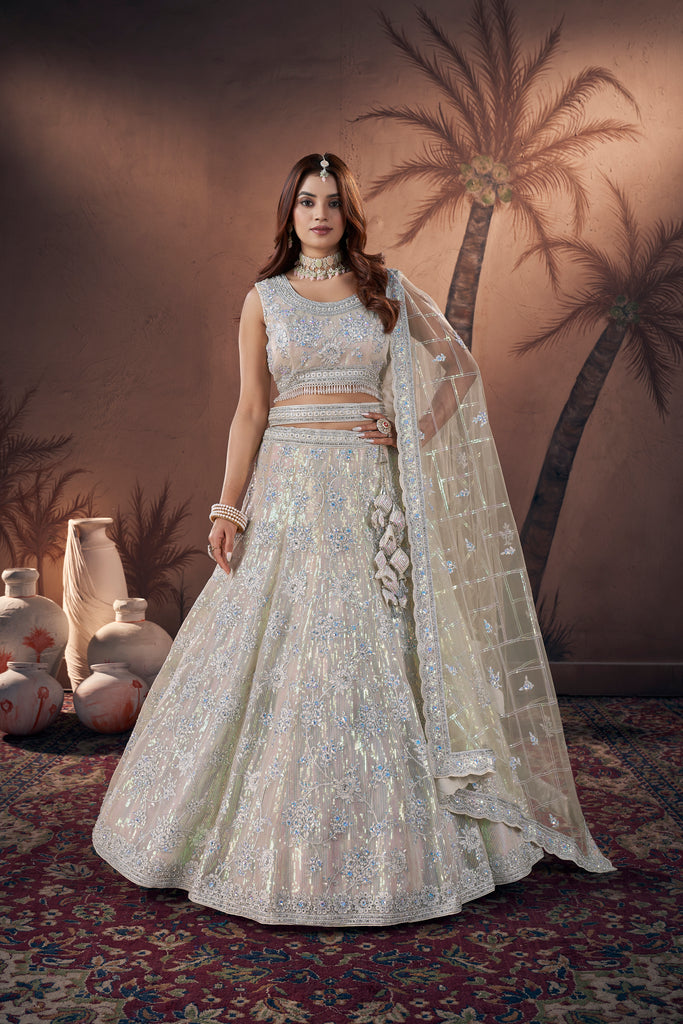 Cream Zari Sequence Handwork Bridal Lehenga With Blouse & Dupatta