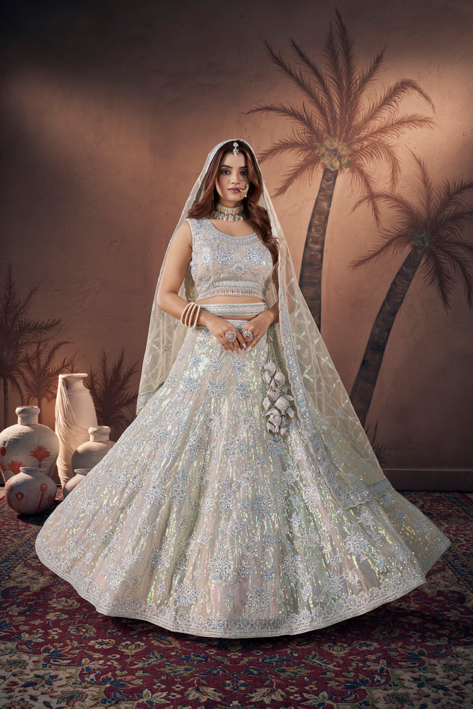 Cream Zari Sequence Handwork Bridal Lehenga With Blouse & Dupatta