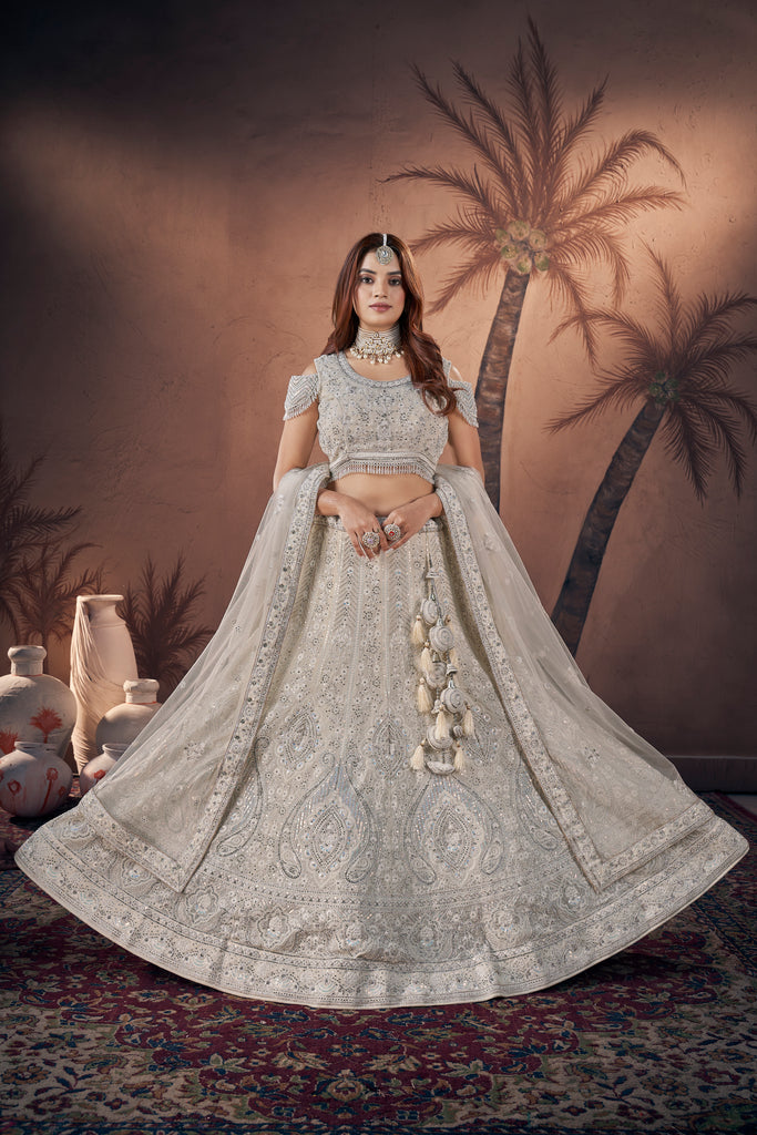 Off White Zari Sequence Handwork Bridal Lehenga With Blouse & Dupatta