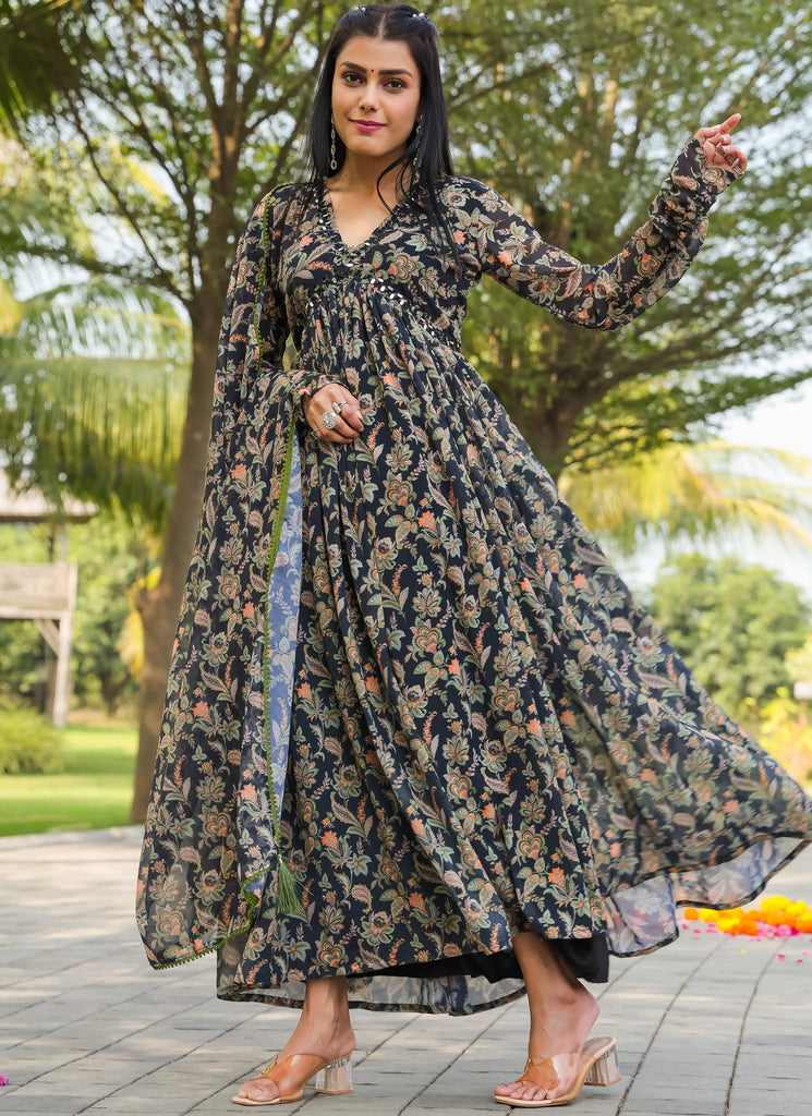 Hot Black Floral Printed Gown Dupatta - Diva D London LTD