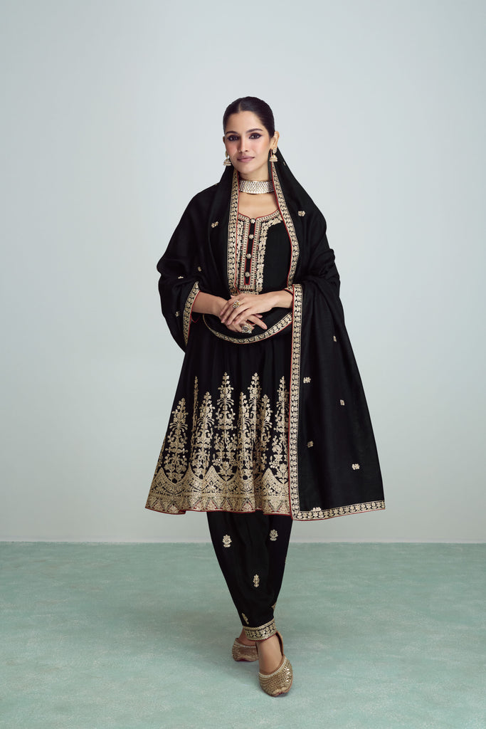 Ink Black Punjabi Traditional Salwar Kameez In Silk