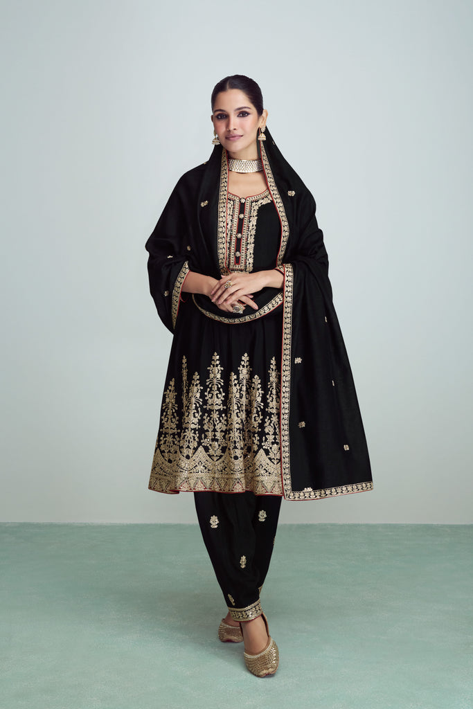 Ink Black Punjabi Traditional Salwar Kameez In Silk