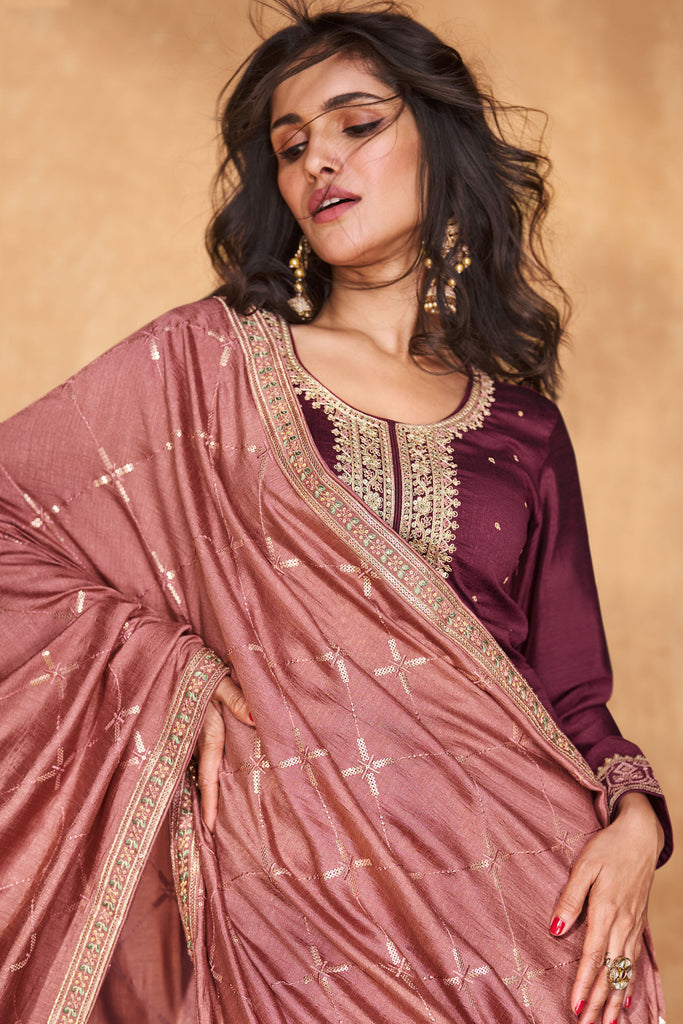 Maroon Silk Salwar Suit With Embroidered Work