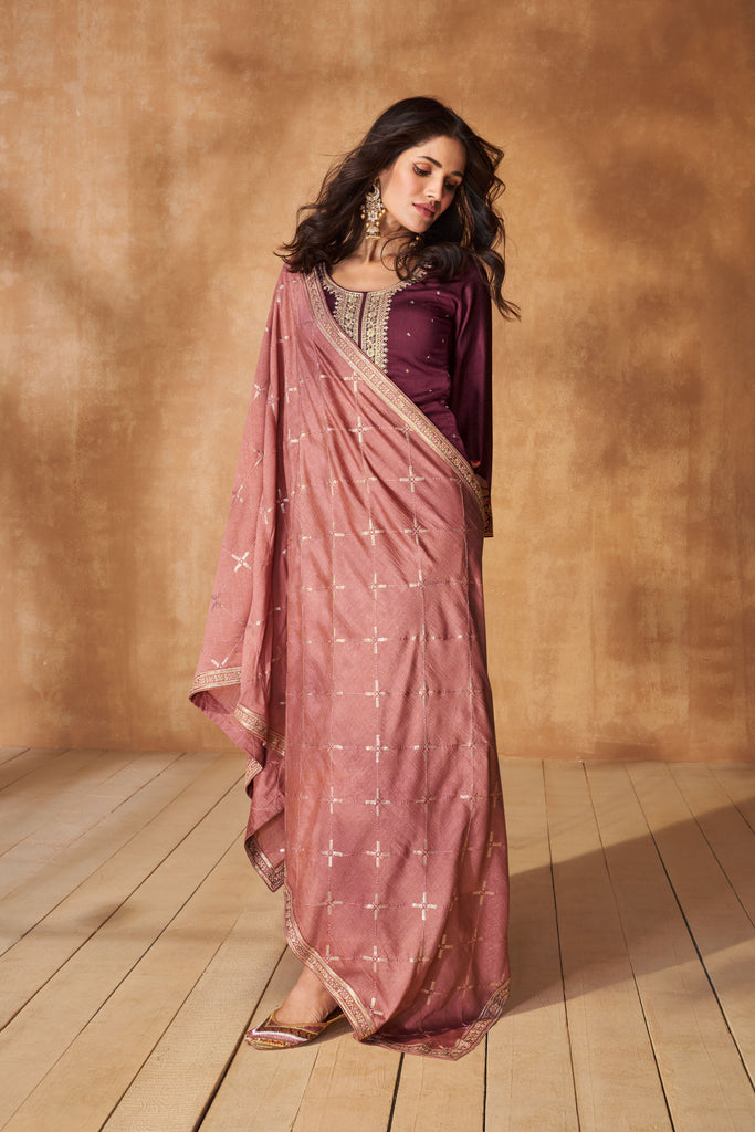 Maroon Silk Salwar Suit With Embroidered Work