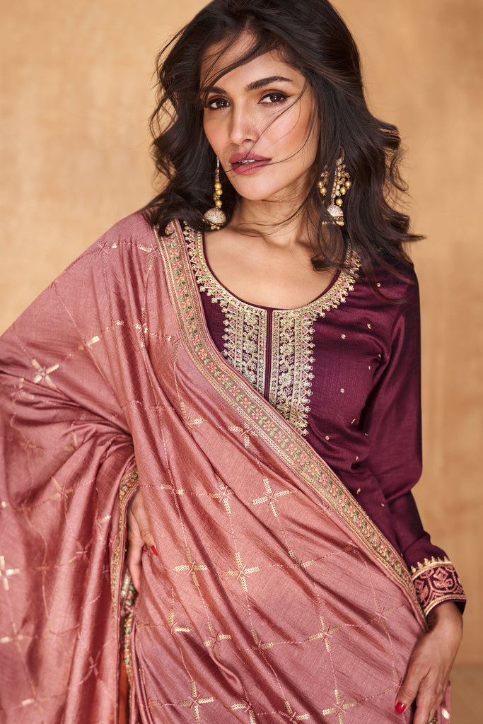 Maroon Silk Salwar Suit With Embroidered Work