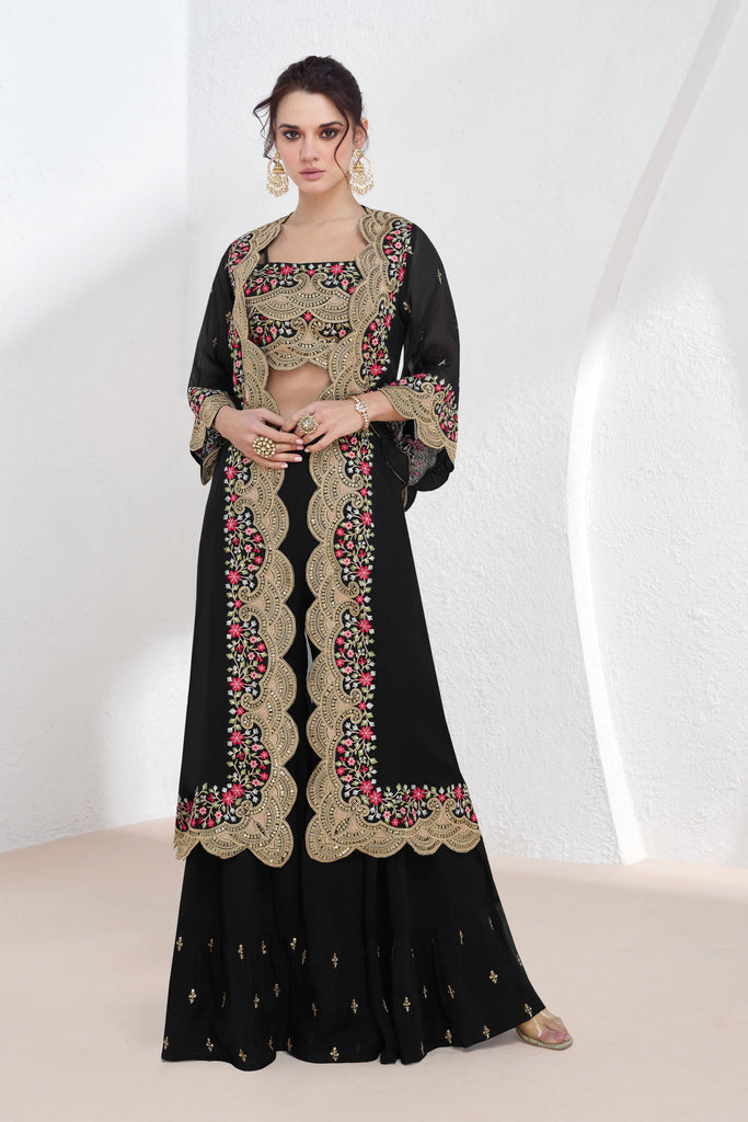 Black Embroidered Palazzo Choli With Jacket