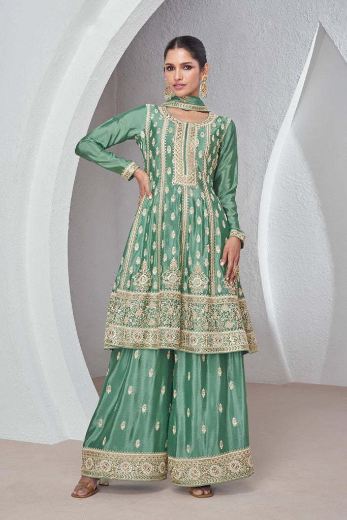 Sea Green Chinoon Embroidery Palazzo Ready to Wear Suit