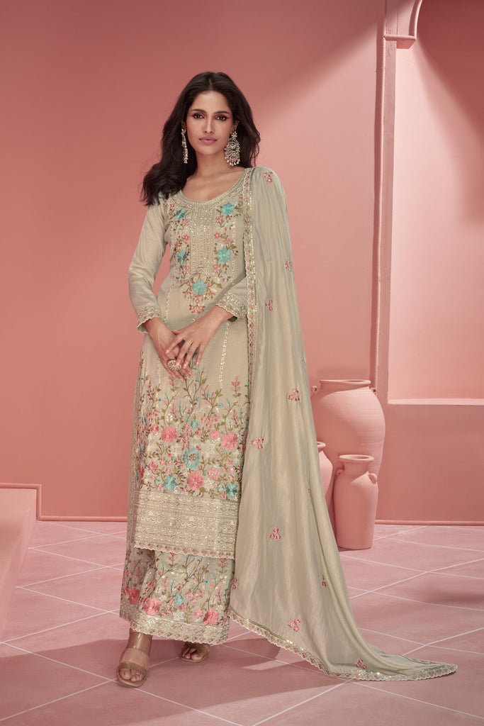 Beige Embroidered Organza Silk Palazzo Suit