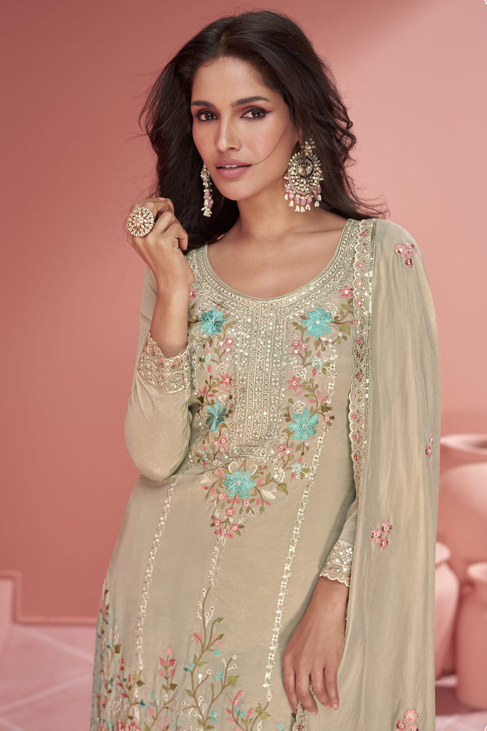 Beige Embroidered Organza Silk Palazzo Suit