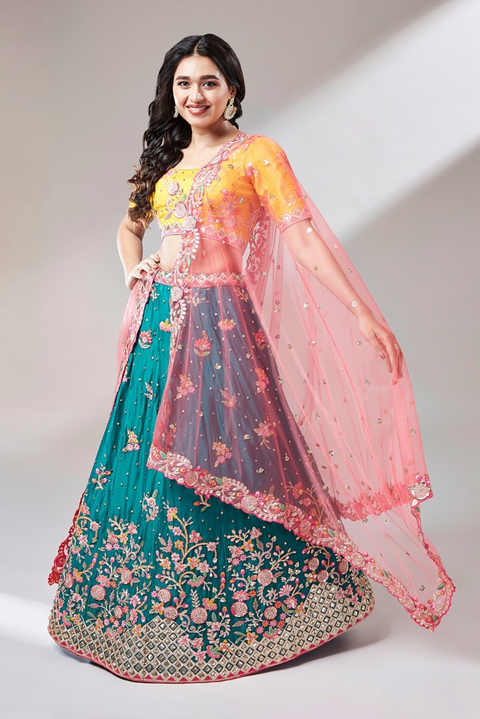 Teal Pure Georgette Lehenga With Sequins and Thread Work Embroider