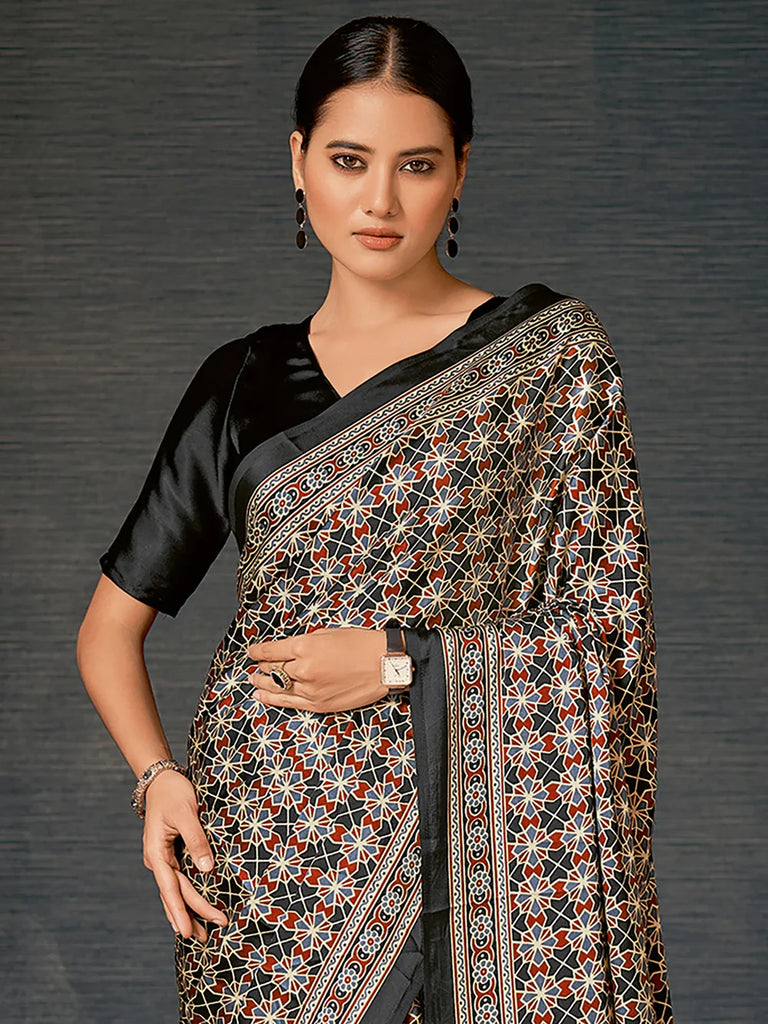 Black Multi Digital Printed Ajrakh Satin Crepe Saree