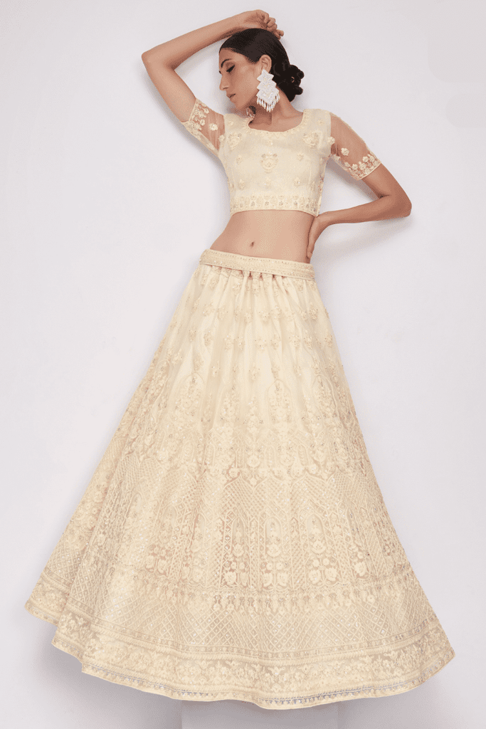 Off White Designer Net Bridal Lehenga Choli With Cording, Thread, Stone And Sequins Work