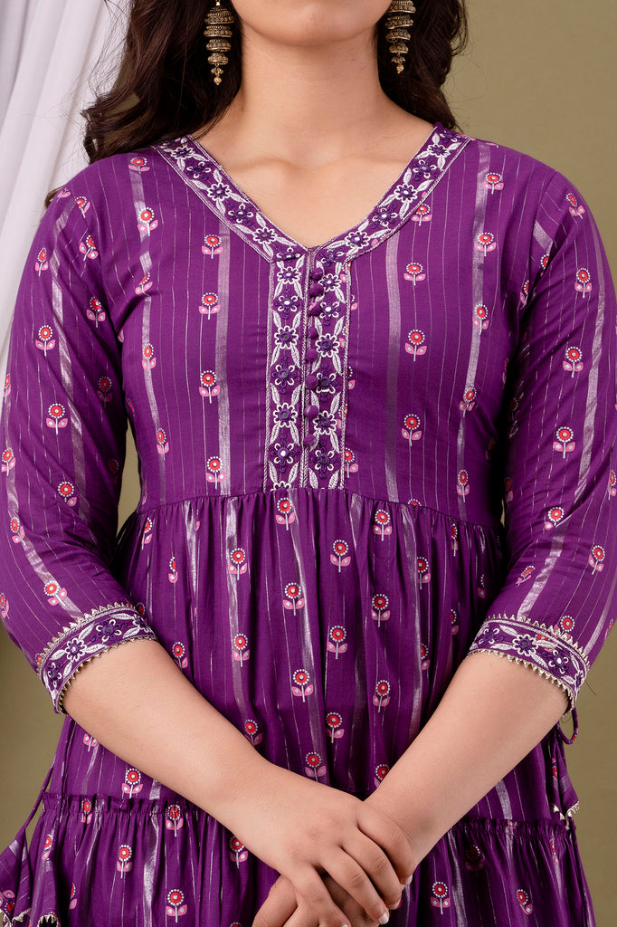 Purple Embroidery Rayon Dress