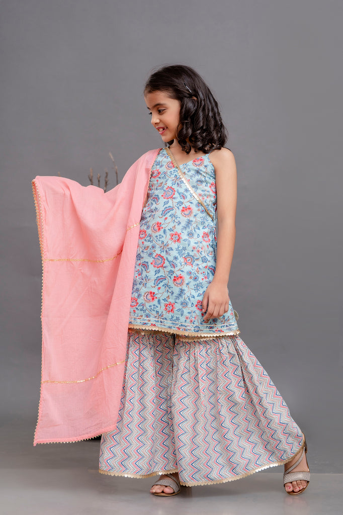 Sky Blue Floral Printed Girls Kurta Sharara With Duppata