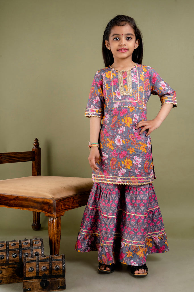 Girls Multi Colour Floral Sharara With Duppata